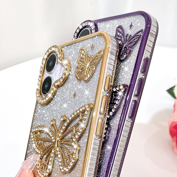 Elzzi Electroplated Butterfly Phone Cover for iPhone 16 Case, Showcasing Pearlescent Diamond Soft TPU, Camera Protection, Shockproof, Dropresistant Stylish for Girls & Women (Blue) - Image 2
