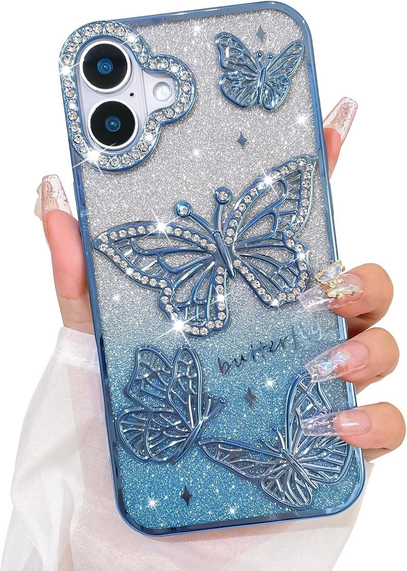 Elzzi Electroplated Butterfly Phone Cover for iPhone 16 Case, Showcasing Pearlescent Diamond Soft TPU, Camera Protection, Shockproof, Dropresistant Stylish for Girls & Women (Blue) - Image 1