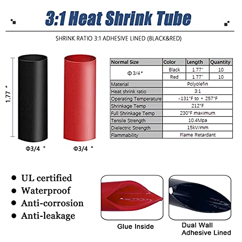 HerMia 20 Pack UL Heavy Duty Wire Lugs 1/0 AWG-1/2'', 1/0 AWG-3/8'' Tubular Ring Terminals Connectors Battery Cable Ends, Bare Copper Eyelets with 3:1 Dual Wall Adhesive Heat Shrink - Image 4