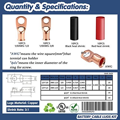 HerMia 20 Pack UL Heavy Duty Wire Lugs 1/0 AWG-1/2'', 1/0 AWG-3/8'' Tubular Ring Terminals Connectors Battery Cable Ends, Bare Copper Eyelets with 3:1 Dual Wall Adhesive Heat Shrink - Image 3