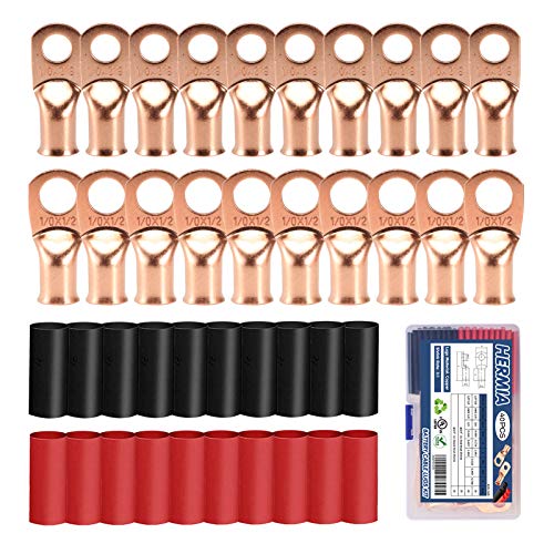 HerMia 20 Pack UL Heavy Duty Wire Lugs 1/0 AWG-1/2'', 1/0 AWG-3/8'' Tubular Ring Terminals Connectors Battery Cable Ends, Bare Copper Eyelets with 3:1 Dual Wall Adhesive Heat Shrink - Image 1