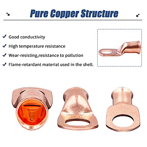 HerMia 20 Pack UL Heavy Duty Wire Lugs 1/0 AWG-1/2'', 1/0 AWG-3/8'' Tubular Ring Terminals Connectors Battery Cable Ends, Bare Copper Eyelets with 3:1 Dual Wall Adhesive Heat Shrink - Image 2