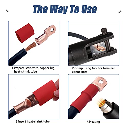 HerMia 20 Pack UL Heavy Duty Wire Lugs 1/0 AWG-1/2'', 1/0 AWG-3/8'' Tubular Ring Terminals Connectors Battery Cable Ends, Bare Copper Eyelets with 3:1 Dual Wall Adhesive Heat Shrink - Image 5