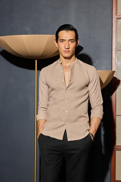SNITCH Beige Mandarin Textured Shirt