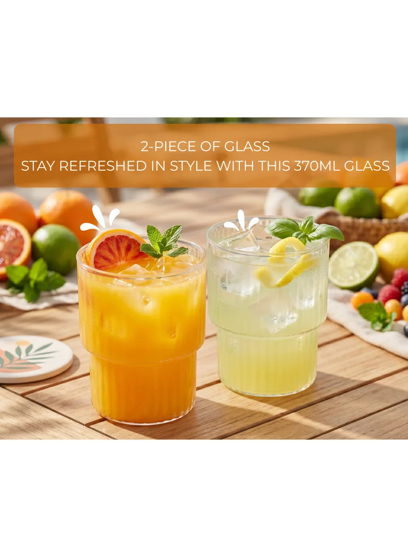Fissman 2-Piece Tumbler Glass 370mL, Borosilicate Tumbler, Dishwasher and Microwave Safe Drinking Glasses, Vintage Embossed Transparent Tumbler for Juice, Beverages