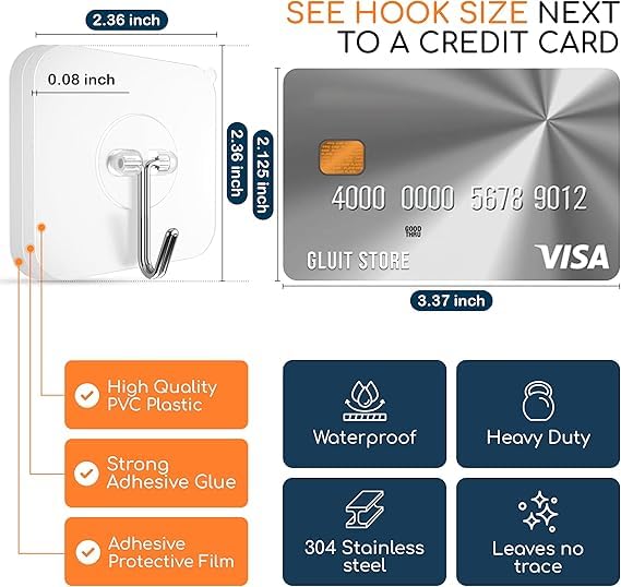 ARYAVART أريافارت (20 حزمة خطافات لاصقة للجدران لتعليق الأشياء الثقيلة بقدرة 22 رطل، خطافات لاصقة شفافة، مقاومة للماء، للمنزل، الحمام، المطبخ، المكتب، والخارج) - Image 2
