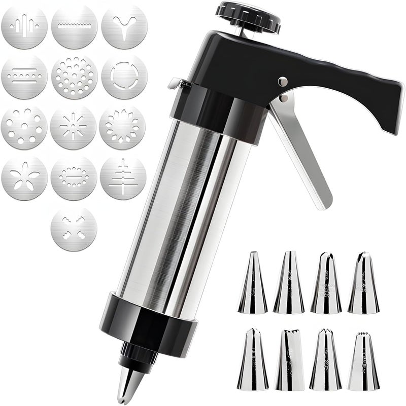 Cookie Press Set, Stainless Steel Maker Machine with Adjustable Handle, Hand-Powered Baking Tool for Home, Shape Molds, 22 Cm Length, 6 Cm Top Diameter - Image 1