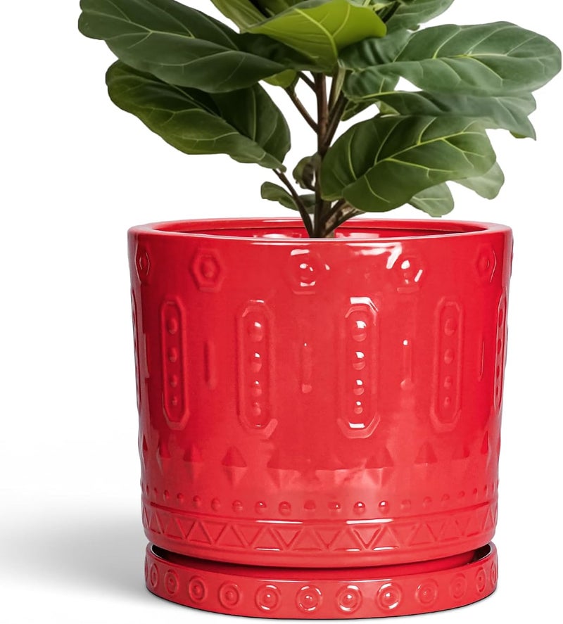 Eightpot 12 Inch Ceramic Planter Pot Plant Pot with Drainage Hole and Saucer, Round Large Flower Pot for Indoor Plants Outdoor Garden Planter Pot, Red - Image 1