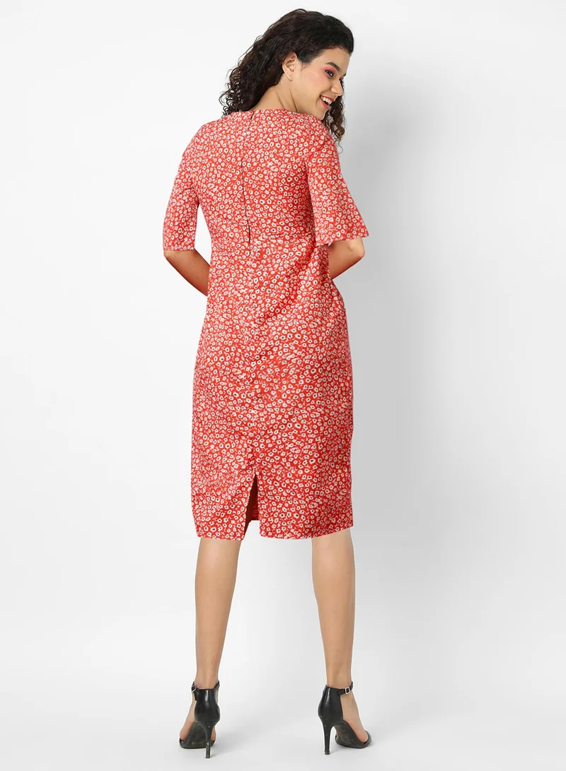 PINACOLADA Women's Scarlet Red Micro Floral Sheath Dress For Casual Wear | Round Neck | Short Sleeve | Pull On Closure | Dress Designed With Comfort Fit For Woman & Girls