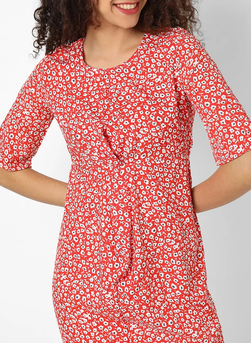PINACOLADA Women's Scarlet Red Micro Floral Sheath Dress For Casual Wear | Round Neck | Short Sleeve | Pull On Closure | Dress Designed With Comfort Fit For Woman & Girls