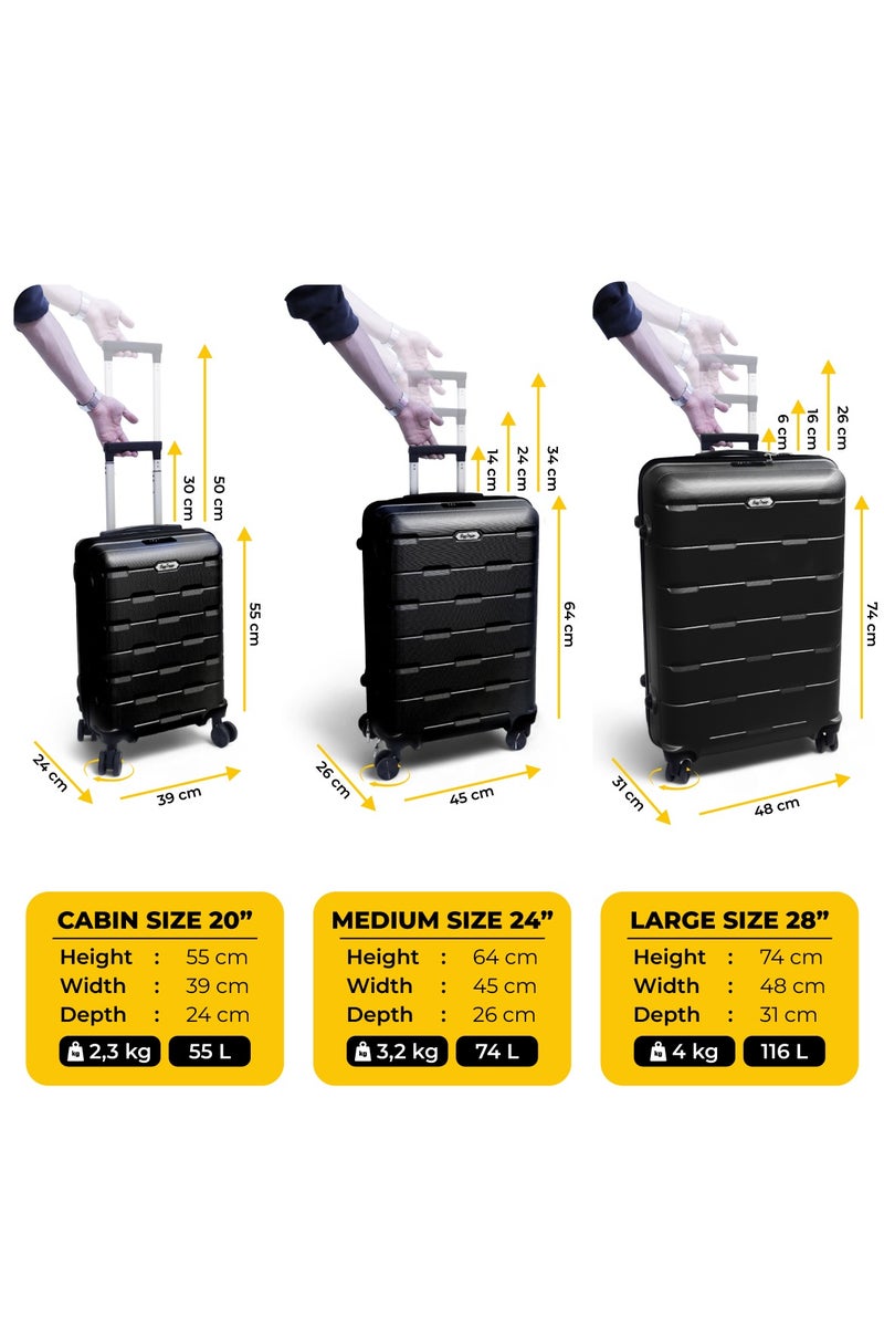 بيج ديزاين طقم حقائب سفر مكوّن من 3 قطع، مقاسات 20 بوصة و24 بوصة و28 بوصة، مزوّد بقفل TSA، مصنوع من هيكل ABS خفيف الوزن، حقيبة ترولي صلبة، عجلات دوّارة 360°، مناسب لكابينة الطائرة والحقائب المحمولة – صنع في تركيا - Image 4