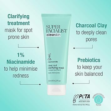 Super Facialist Clear Out Clarifying Mask Acne Treatment Blackhead Remover Face Mask with 1 Niacinamide Tea Tree Oil Prebiotics Vegan Friendly 125ml - Image 2