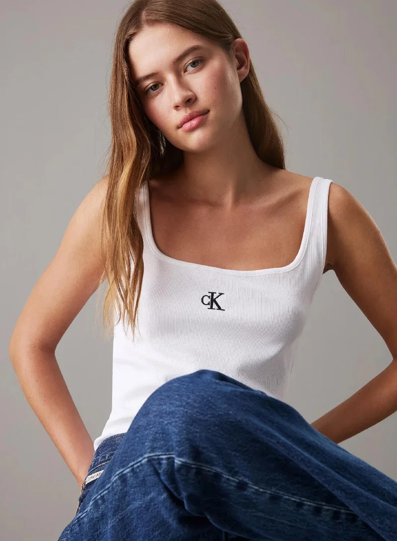 Calvin Klein Bright White Logo Embroidery Cropped Tank Top for Women | Best Price UAE
