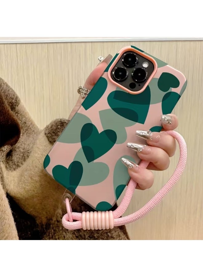 Temu Colorful large heart-shaped phone case with wrist strap, new for 2025, suitable for iPhone 15 Pro Max, simple protective case, shockproof and scratch-resistant