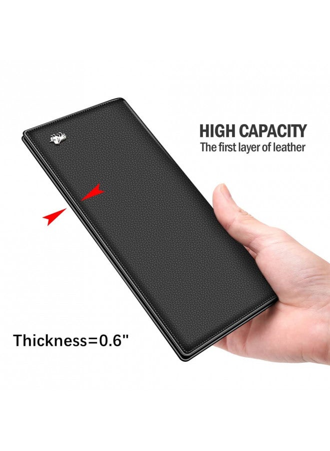 bison denim محفظة بيسون دينيم RFID ثنائية الطي، محفظة بطاقات ائتمان نحيفة، جلد حقيقي، محفظة طويلة للرجال مع جيب بسحاب للنقود المعدنية - Image 2