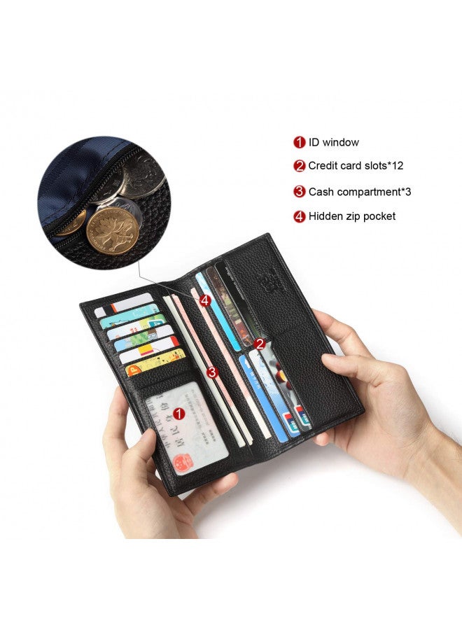 bison denim محفظة بيسون دينيم RFID ثنائية الطي، محفظة بطاقات ائتمان نحيفة، جلد حقيقي، محفظة طويلة للرجال مع جيب بسحاب للنقود المعدنية - Image 4