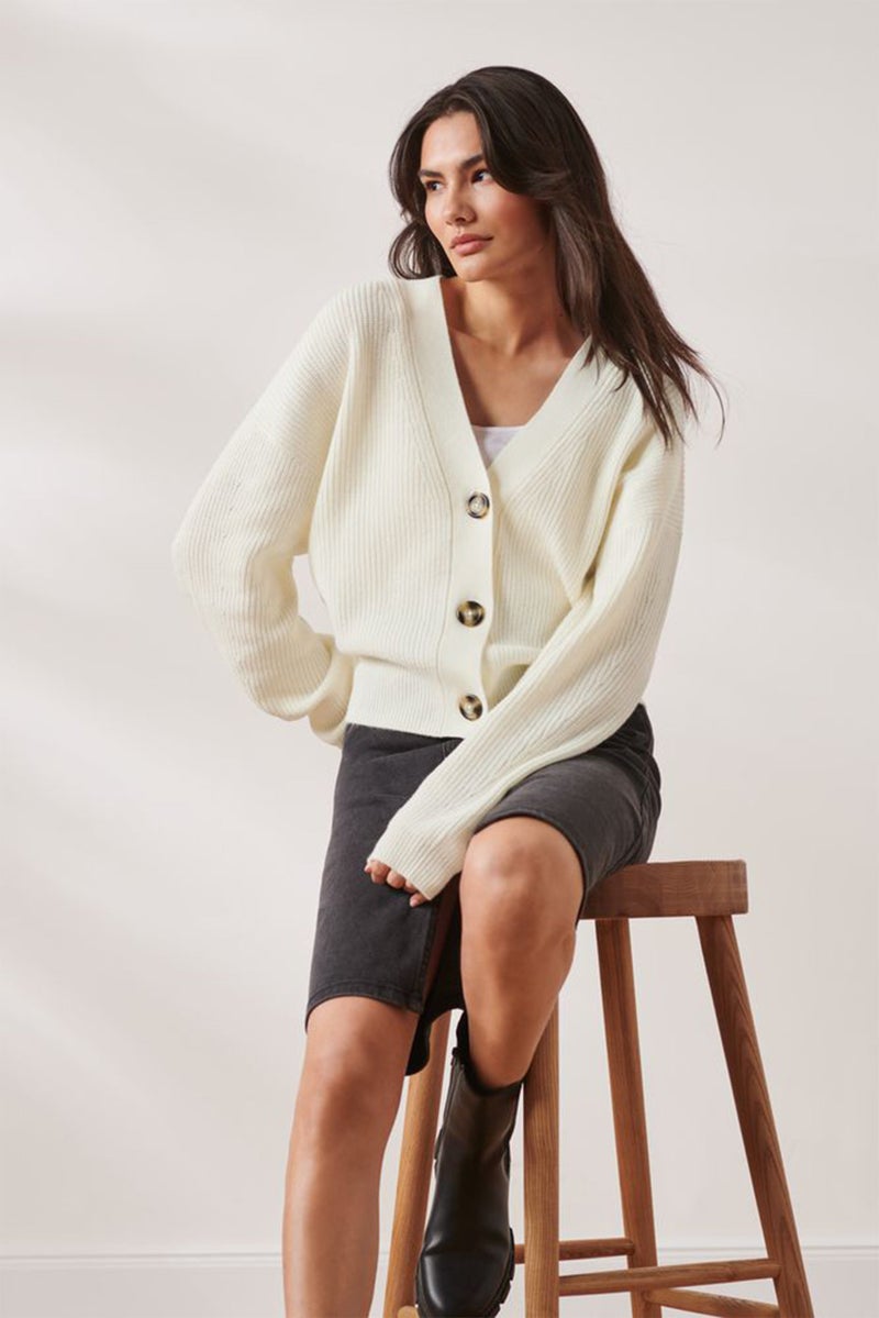 Tchibo Women V-Neck Long Sleeve Knitted Cardigan, Off White - Image 1