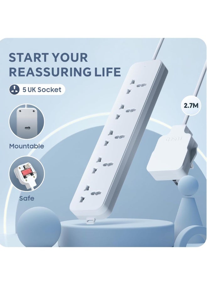 Universal Extension lead, 2.7 Meters Power Strip Extension Cord with 5 Universal Sockets|13A UK Plugs 3Pin Sockets|Safety Door Design|Wall Mount Extension Cord for Home, Office, Kitchen - Image 2