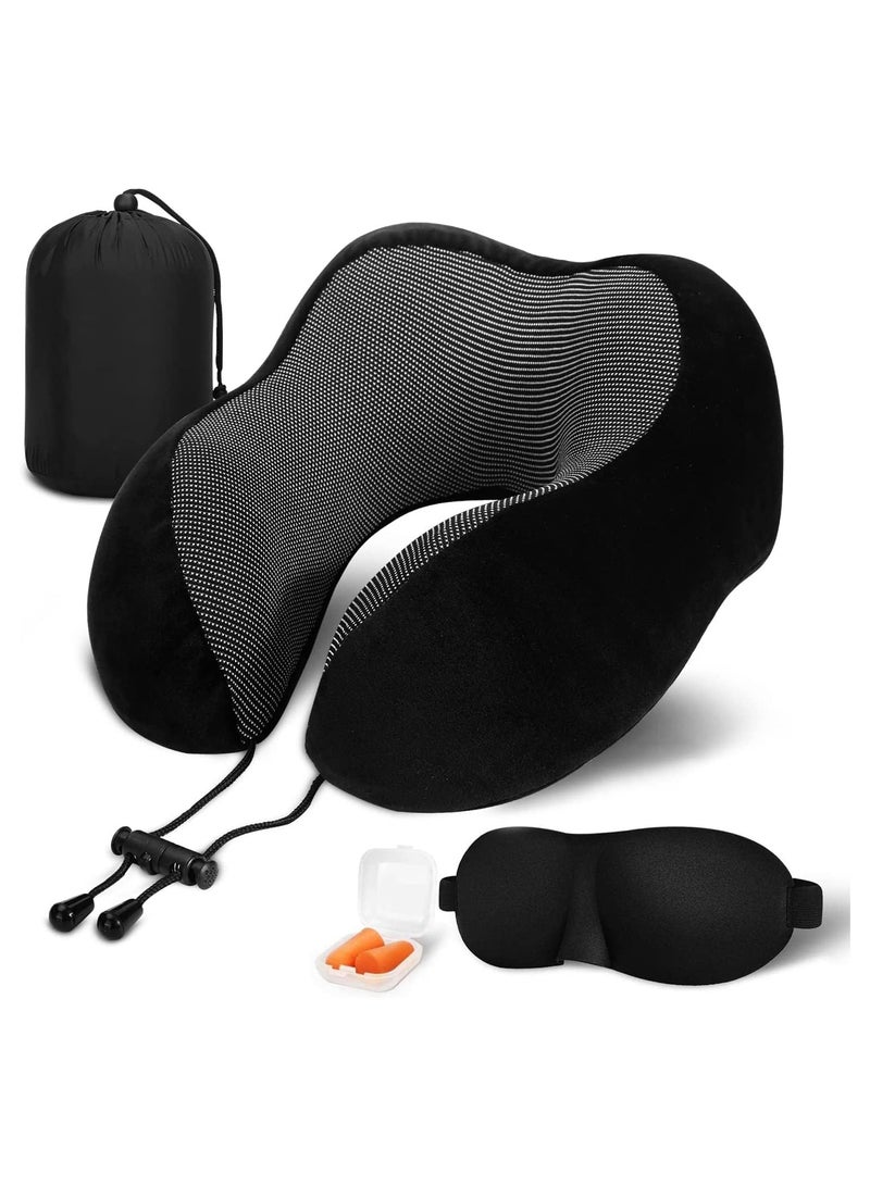 Maanys MAANYS Travel Pillow for Airplane Sleeping, Memory Foam Neck Pillow, Versatile Usage for Travel, Car, Office, Work from Home, Ideal Travel Kit with 3D Eye Mask, Earplugs & Portable Luxury Bag(Black)  - Image 1