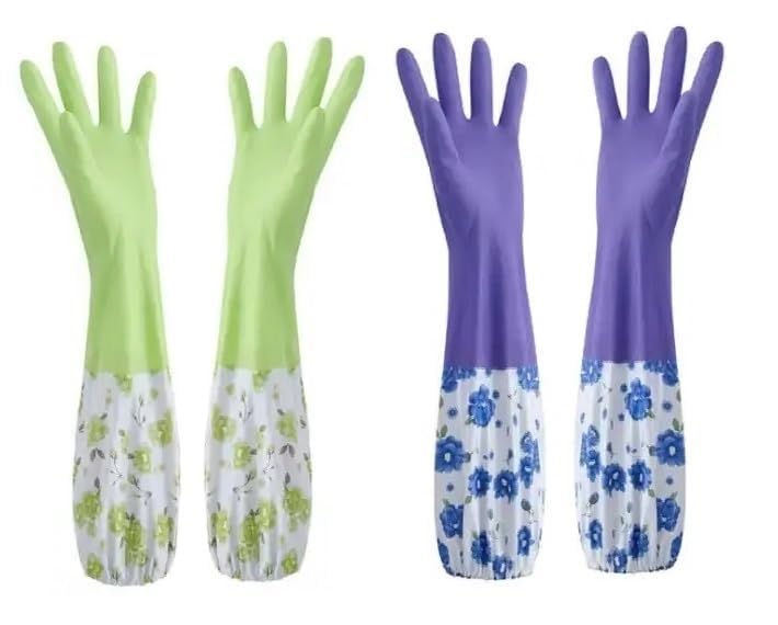 GDNK Reusable Rubber Latex PVC Flock lined Long Sleeves elbow length Hand Gloves for Kitchen Dish-Washing, Cleaning Gloves (Pack of 2) (Green + Purple) - Image 1