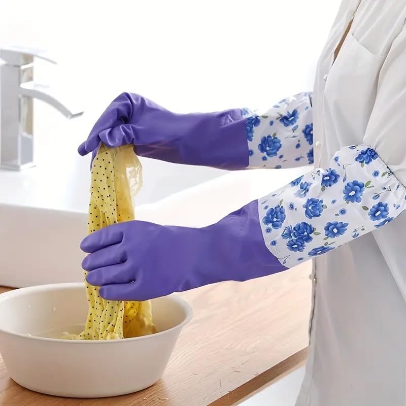 GDNK Reusable Rubber Latex PVC Flock lined Long Sleeves elbow length Hand Gloves for Kitchen Dish-Washing, Cleaning Gloves (Pack of 2) (Green + Purple) - Image 3