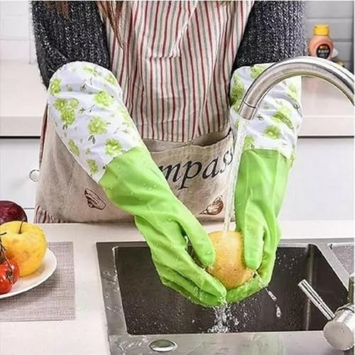GDNK Reusable Rubber Latex PVC Flock lined Long Sleeves elbow length Hand Gloves for Kitchen Dish-Washing, Cleaning Gloves (Pack of 2) (Green + Purple) - Image 5