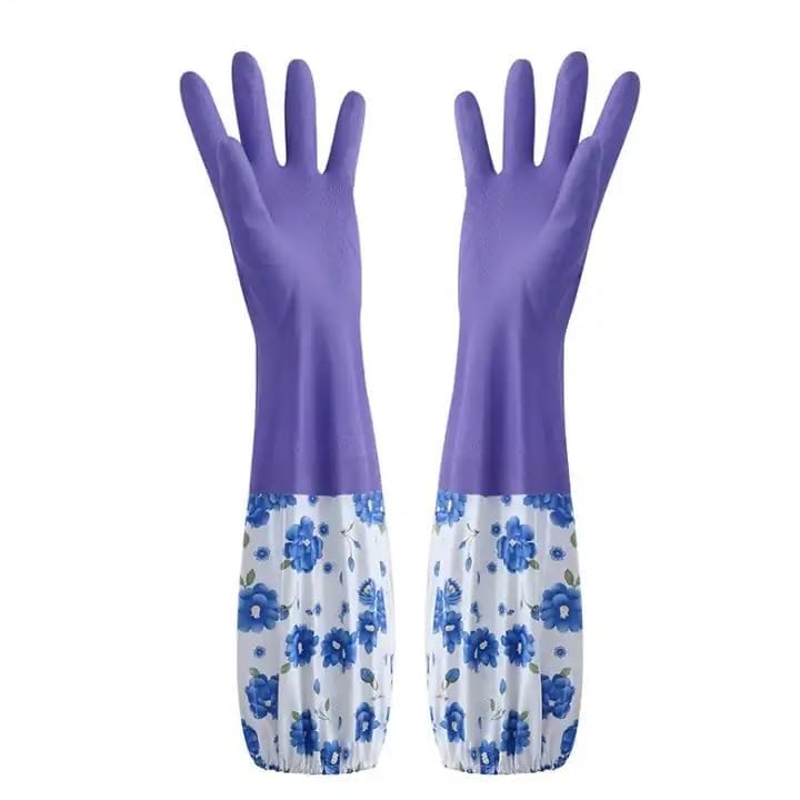 GDNK Reusable Rubber Latex PVC Flock lined Long Sleeves elbow length Hand Gloves for Kitchen Dish-Washing, Cleaning Gloves (Pack of 2) (Green + Purple) - Image 4