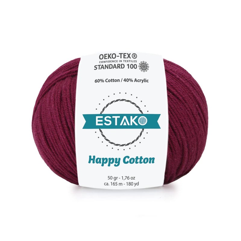 Estako Happy Cotton, 60% Cotton 40% Acrylic Yarn, Soft, Fine/Sport (2) for Crochet and Knitting 1.76 Oz (50g) / 180 Yrds (165m) (4520 - Claret Red) - Image 1