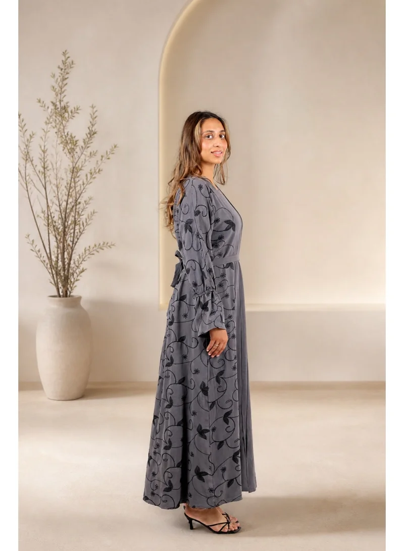 JAMEELA  Steel Grey Botanical Abaya Set - Abaya, Inner, Belt for Women | Best Price UAE
