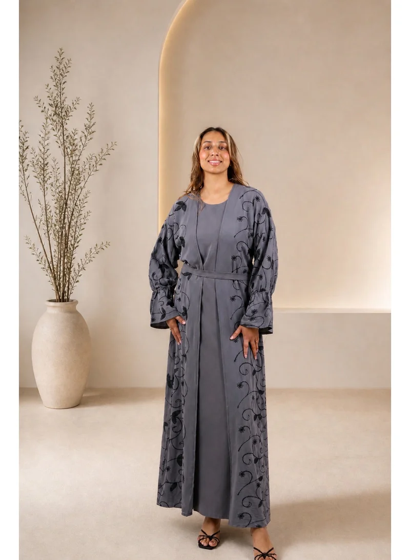 JAMEELA  Steel Grey Botanical Abaya Set - Abaya, Inner, Belt for Women | Best Price UAE