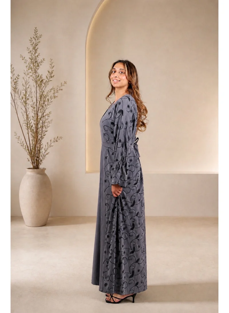 JAMEELA  Steel Grey Botanical Abaya Set - Abaya, Inner, Belt for Women | Best Price UAE