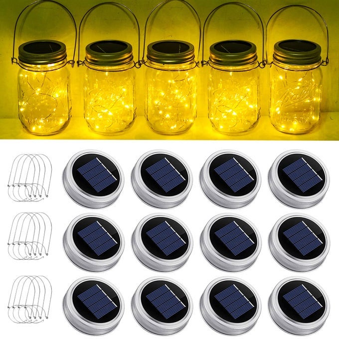 SOLAR MASON JAR STRING LIGHT LIDS 12 PACK 30 LED FAIRY FIREFLY INSERTS LIGHTING WITH 12 HANGERS WATERPROOF FOR OUTDOOR TREE PATIO LAWN GARDEN DECOR NO JARS