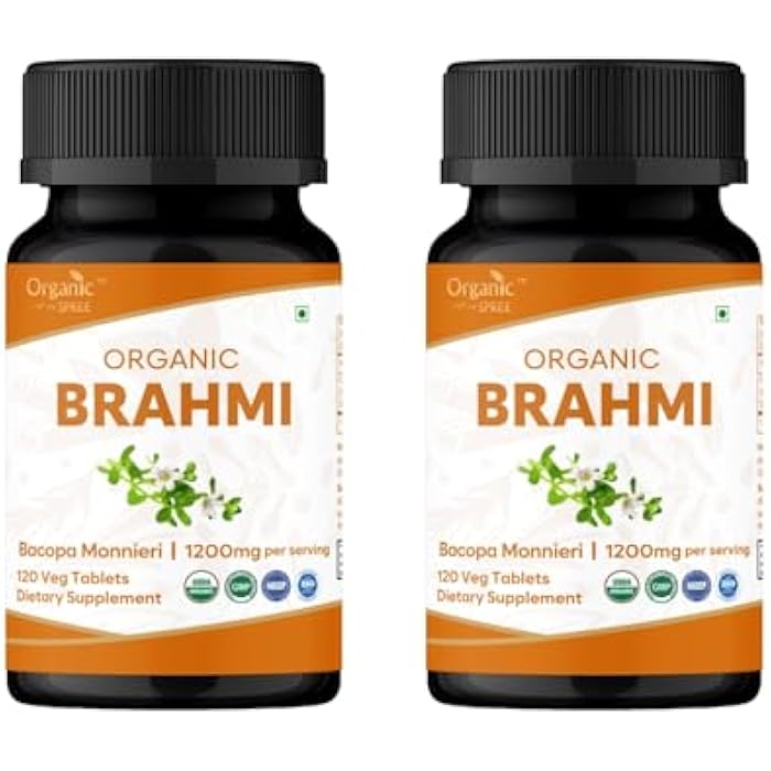 ORGANIC SPREE Brahmi 120 Tablets – USDA Organic Bacopa Monnieri Supplement – Supports Focus, Calm & Memory*, Herbal Nootropic* - Pack of 2 - Image 1