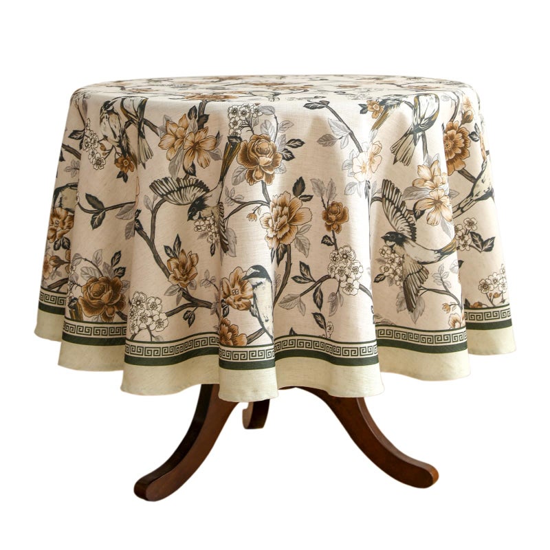 ISAENNE Designer Vintage Linen Round Table Cloth,Floral and Bird Pattern Elegant Tablecloth,Fall Wrinkle Resistant Home Decor Tablecloths for Dining Kitchen Christmas,Diameter 67"-Murad A - Image 1