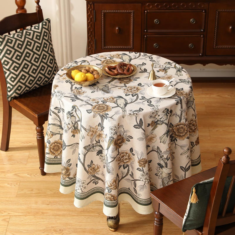 ISAENNE Designer Vintage Linen Round Table Cloth,Floral and Bird Pattern Elegant Tablecloth,Fall Wrinkle Resistant Home Decor Tablecloths for Dining Kitchen Christmas,Diameter 67"-Murad A - Image 5
