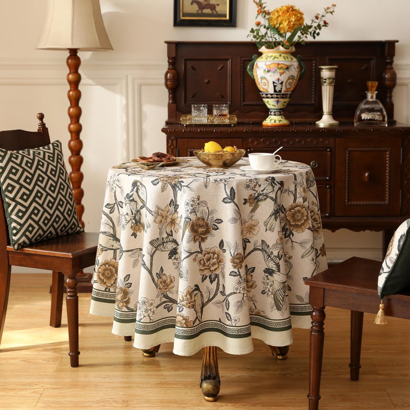 ISAENNE Designer Vintage Linen Round Table Cloth,Floral and Bird Pattern Elegant Tablecloth,Fall Wrinkle Resistant Home Decor Tablecloths for Dining Kitchen Christmas,Diameter 67"-Murad A - Image 2