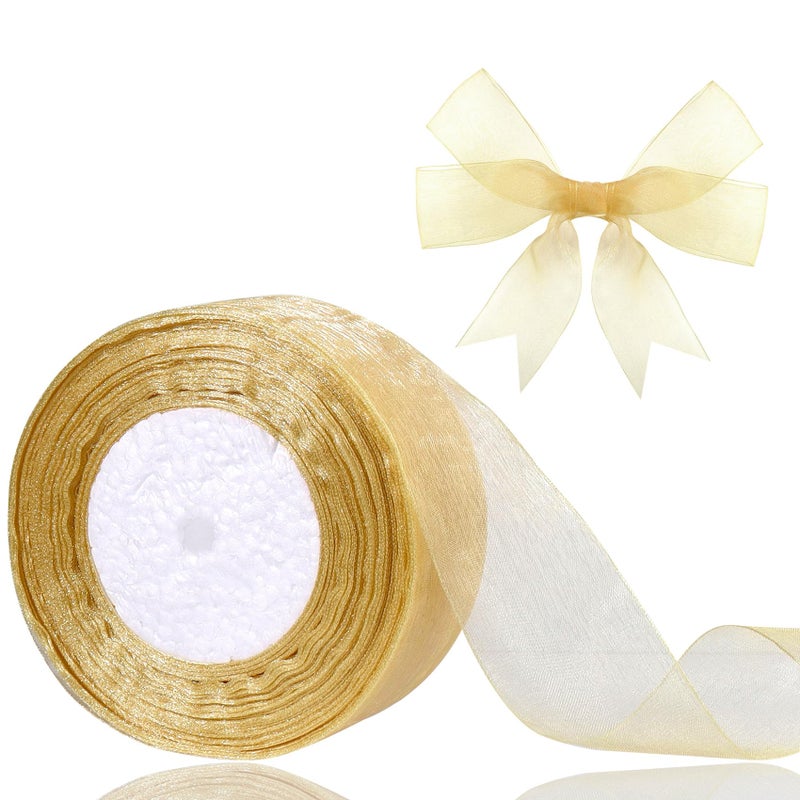 Hiswan 15 inch Sheer Organza Ribbon Gold Chiffon Ribbon for Gift Wrapping Christmas Halloween Decoration Wedding Bouquet Crafts 50 Yards