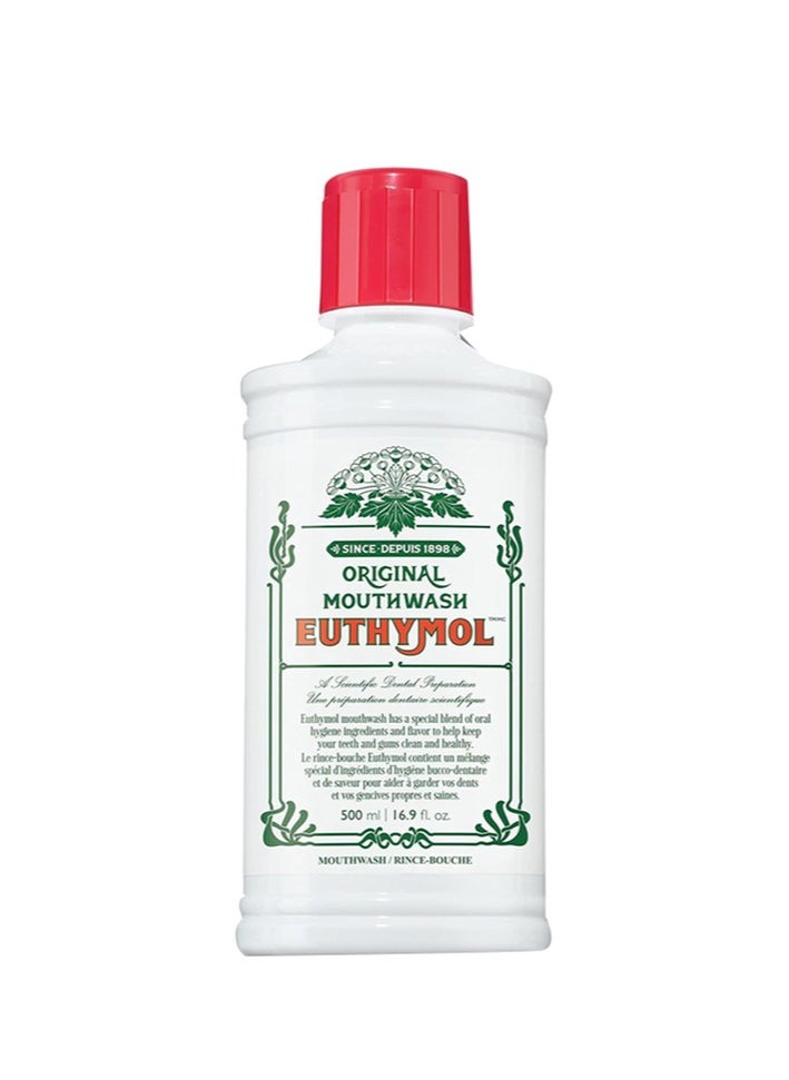 Euthymol Euthymol Mouthwash Original 500ml, Flouride Free Alcohol-Free, Distinctive Strong Taste Flavour, Reduce Plaque Gingival Clean Healty Teeth Gums, Freshens Breath Refreshing Daily Oral Dental Care  - Image 1