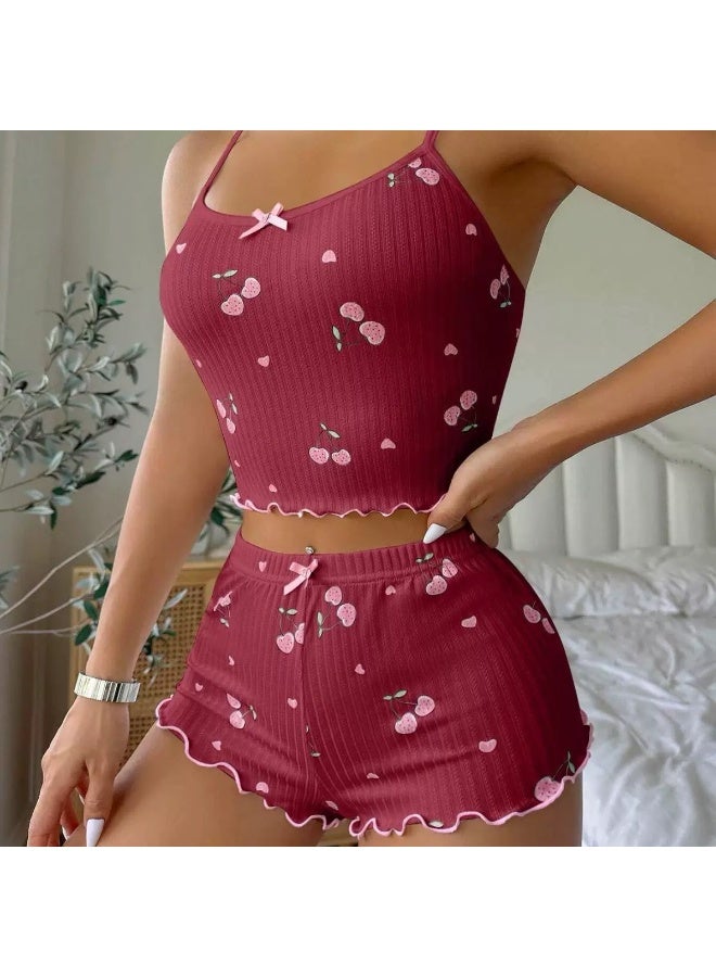 طقم بيجاما نسائي مطبوع عليه كرز لطيف، ملابس نوم نسائية - Image 1