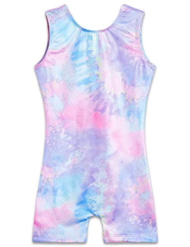 TENVDA Gymnastics Leotards for Girls 7-8 Years Sparkly Purple Tie Dye Sleeveless Biketards Stretchy Tumbling Practicing Unitard - Image 1