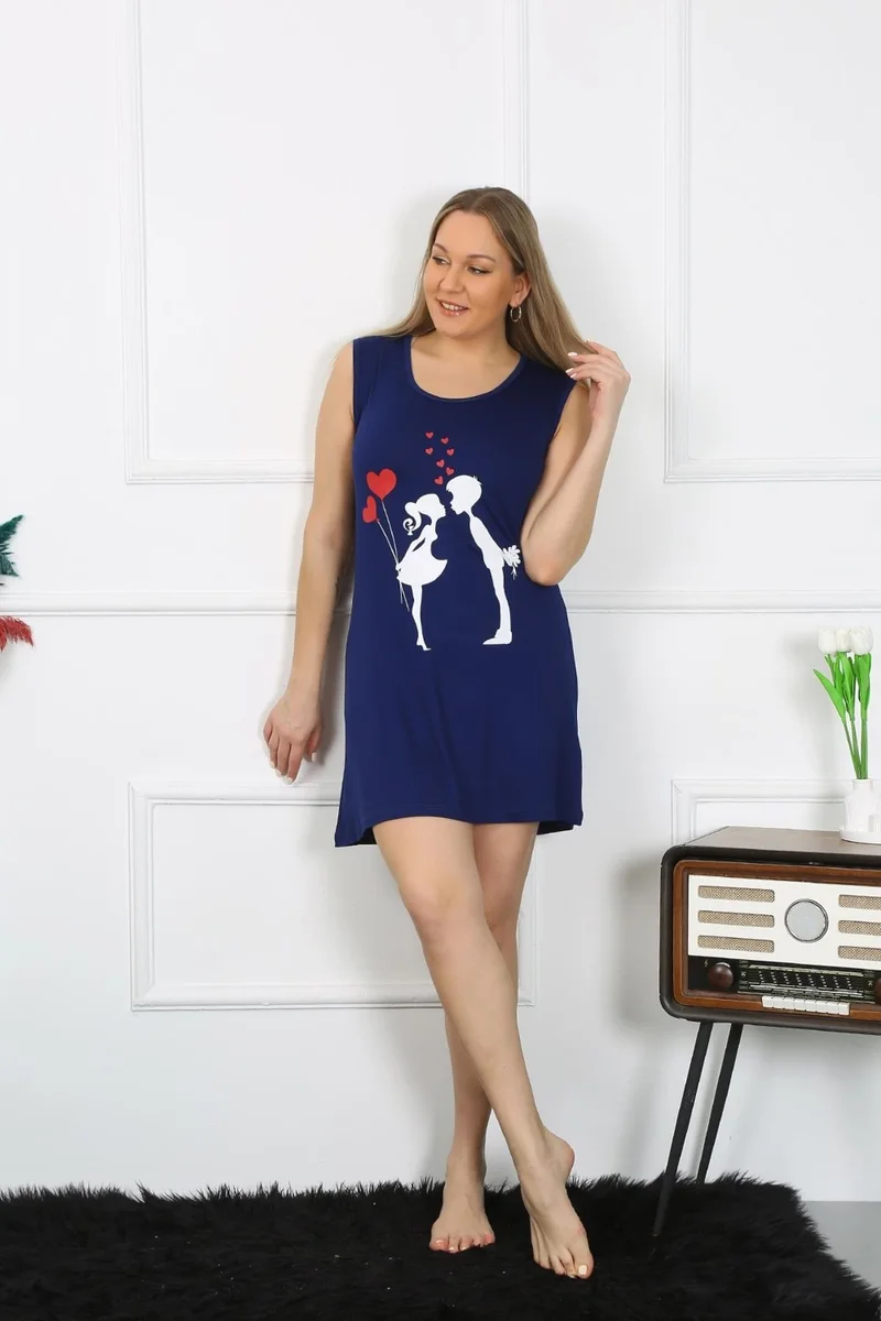 اكبينيز Women's Plus Size Thick Strap Combed Cotton Above Knee Navy Blue Nightgown 12501