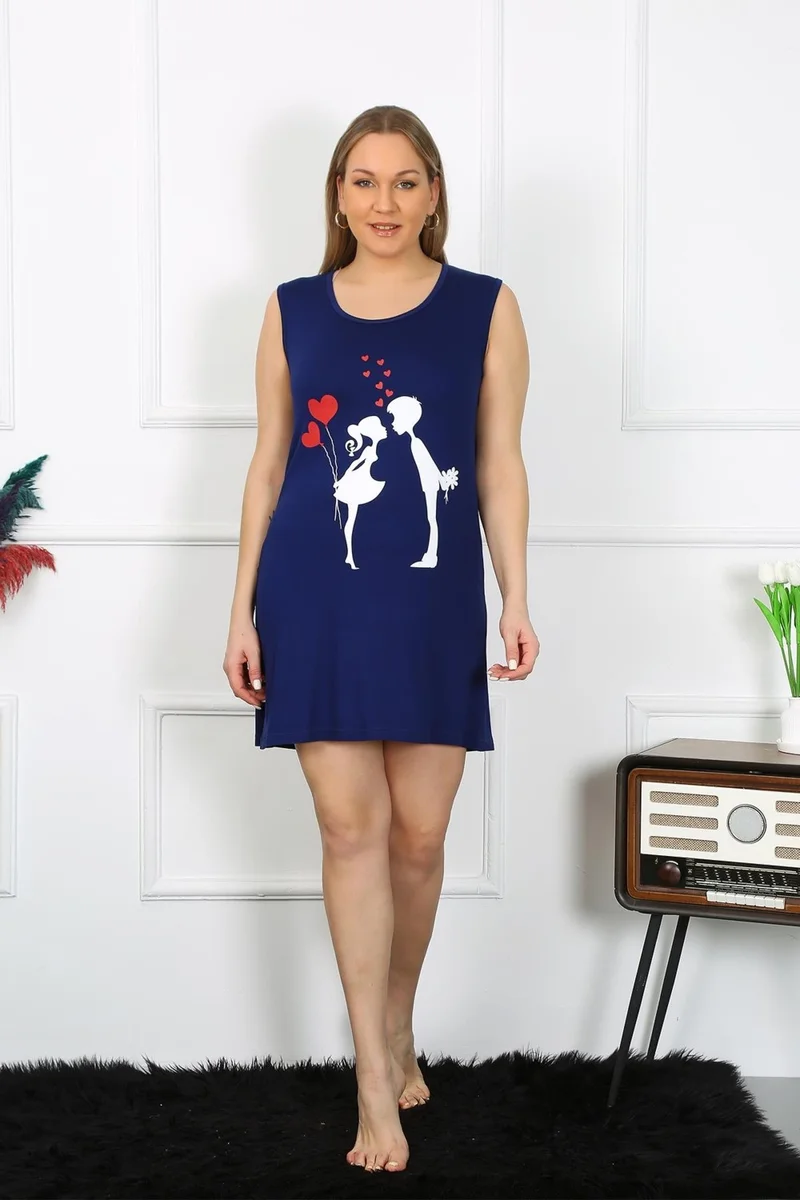 اكبينيز Women's Plus Size Thick Strap Combed Cotton Above Knee Navy Blue Nightgown 12501