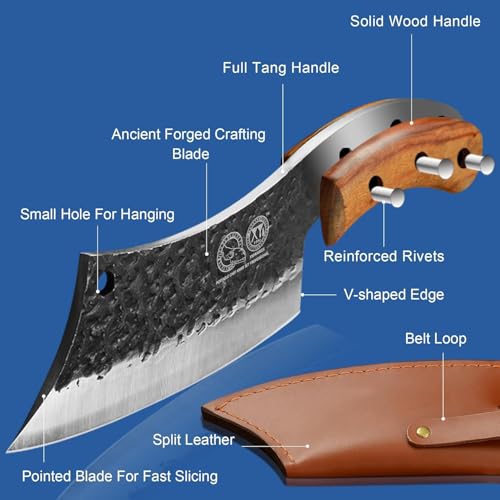 XYJ Authentic Since 1986, Outstanding Ancient Forging 6.7 Inch Butcher Knife Heavy, Full Tang Serbian Chefs Knife, Ultra Sharp Meat Cleaver Knife, Kitchen Knife with Leather Sheath for Easy Carrying - Image 5