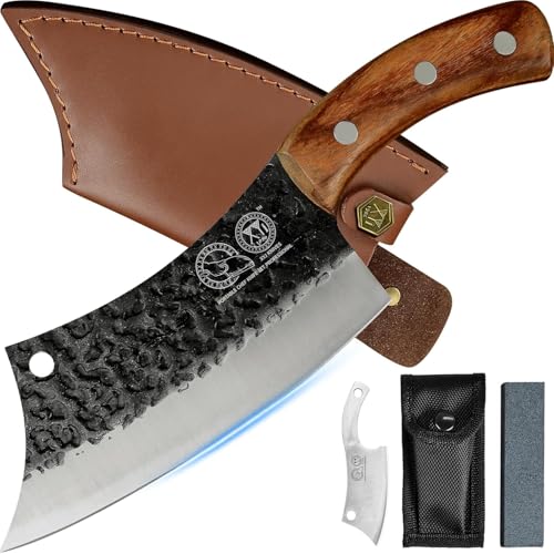 XYJ Authentic Since 1986, Outstanding Ancient Forging 6.7 Inch Butcher Knife Heavy, Full Tang Serbian Chefs Knife, Ultra Sharp Meat Cleaver Knife, Kitchen Knife with Leather Sheath for Easy Carrying - Image 1