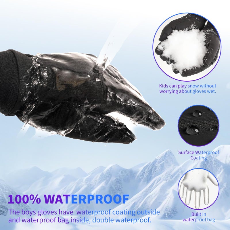 YukiniYa Waterproof Kids Winter Gloves for 3-15 Years Boys Girls Warm Anti-slip Touchscreen Snow Ski Cycling with Long Fleece - Image 3