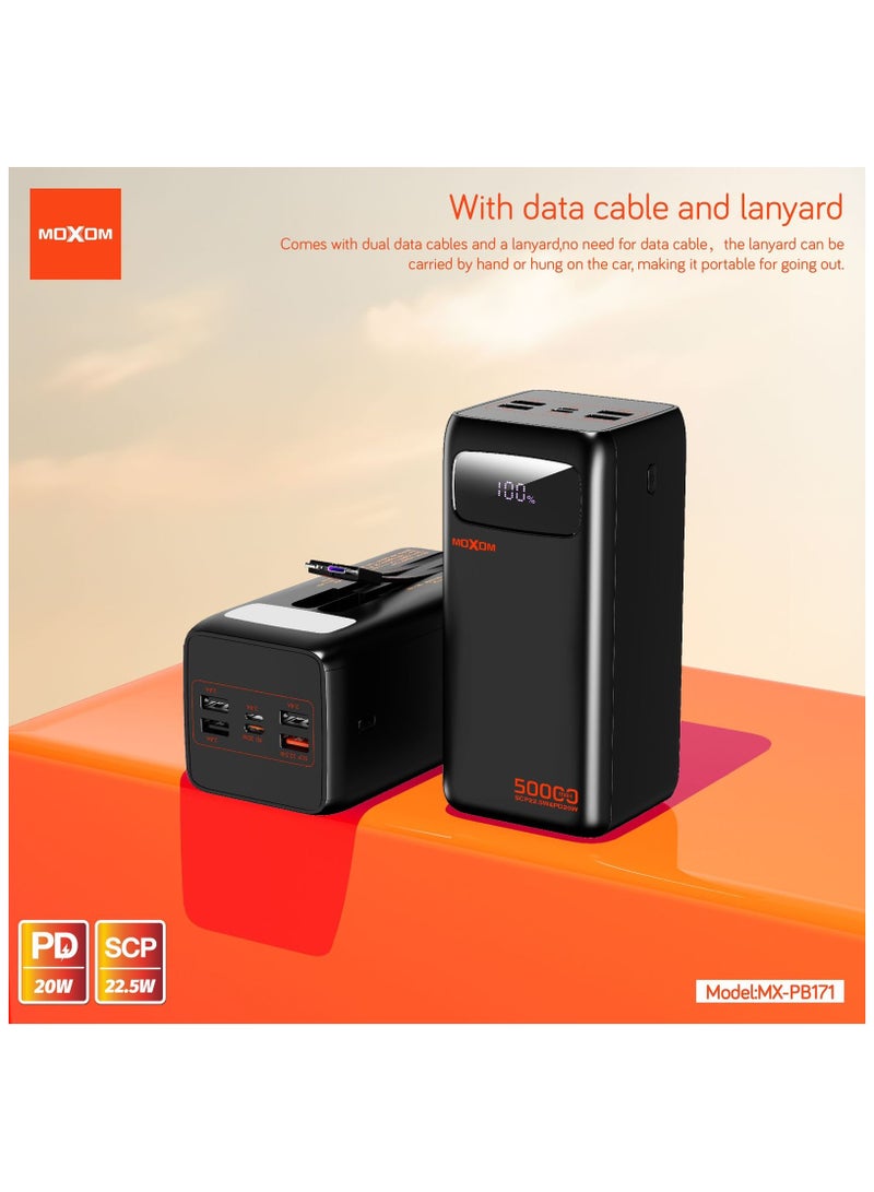 MOXOM 50000mAh Power Bank MX-PB171– PD 20W and SCP 22.5W Fast Charging, LCD Display, Dual Data Cable and Lanyard Included Black - Image 1