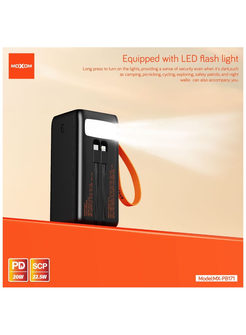 MOXOM 50000mAh Power Bank MX-PB171– PD 20W and SCP 22.5W Fast Charging, LCD Display, Dual Data Cable and Lanyard Included Black - Image 2