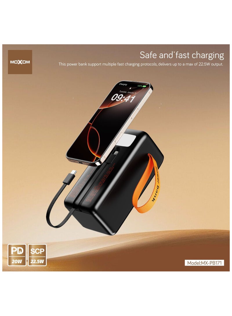 MOXOM 50000mAh Power Bank MX-PB171– PD 20W and SCP 22.5W Fast Charging, LCD Display, Dual Data Cable and Lanyard Included Black - Image 4