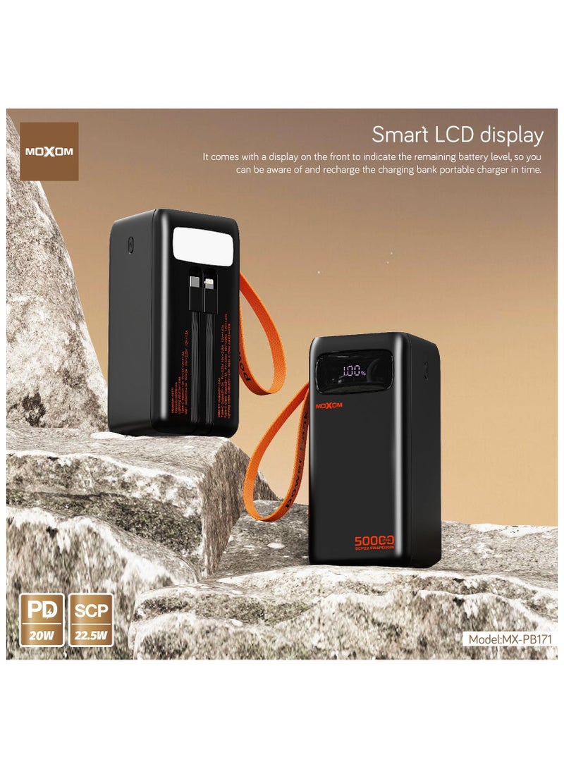 MOXOM 50000mAh Power Bank MX-PB171– PD 20W and SCP 22.5W Fast Charging, LCD Display, Dual Data Cable and Lanyard Included Black - Image 5