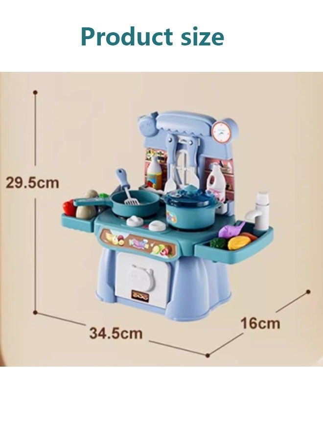 مجموعة ألعاب مطبخ تظاهرية، ٣٤ قطعة، ألعاب مطبخ صغيرة للأطفال، محاكاة طبخ مع صوت وضوء وموسيقى. الموقد قابل للدوران، مزود بأدوات مطبخ ونموذج فواكه، مناسب للأولاد والبنات (أزرق) - Image 2